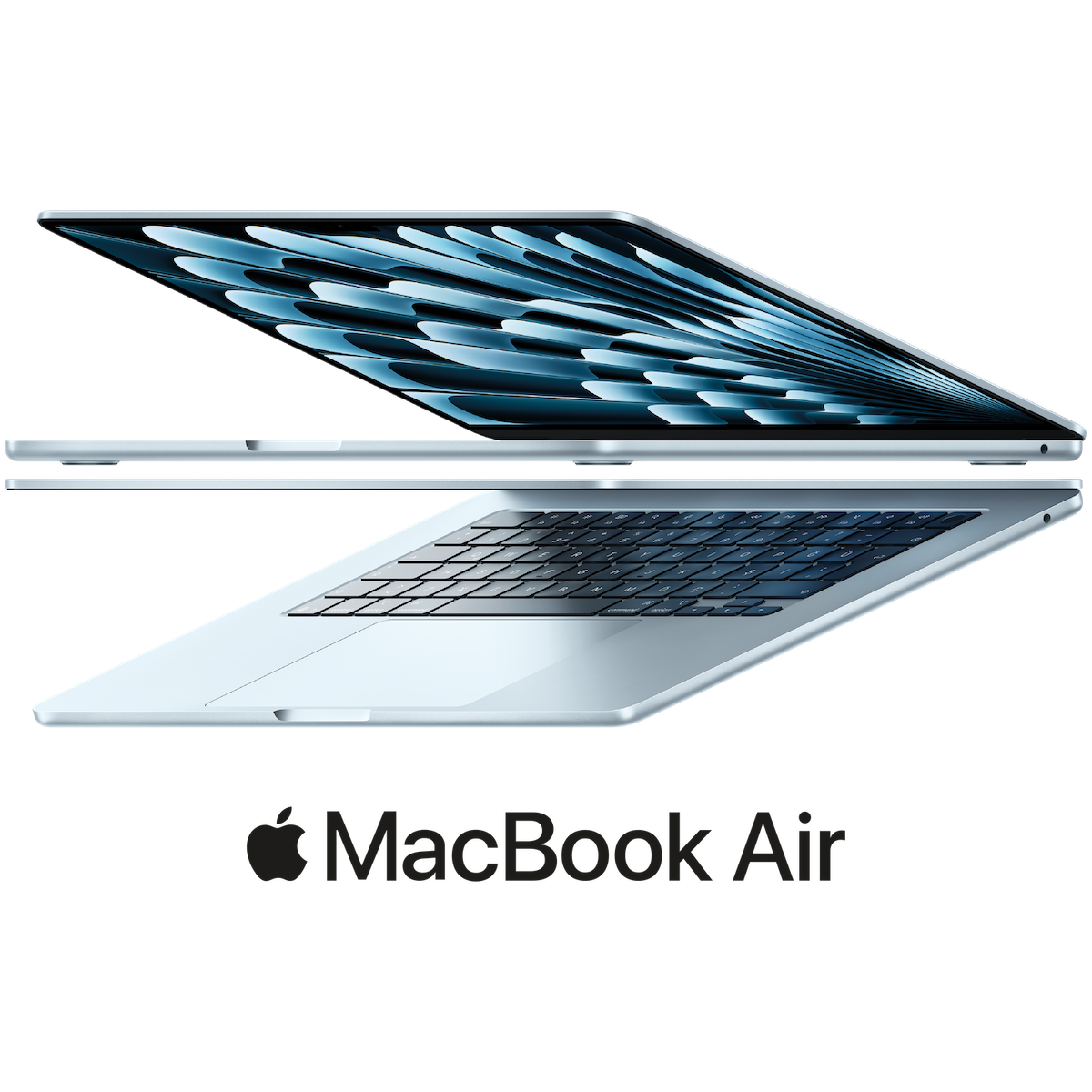 MacBook Air M5, silver color, black keyboard, multicolored stars and dots in background